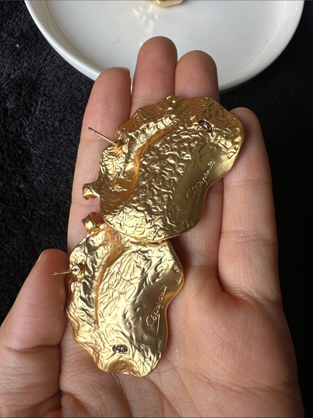 Gold Textured Eye Drop Earrings with Yellow Accent - Picture 2 of 7